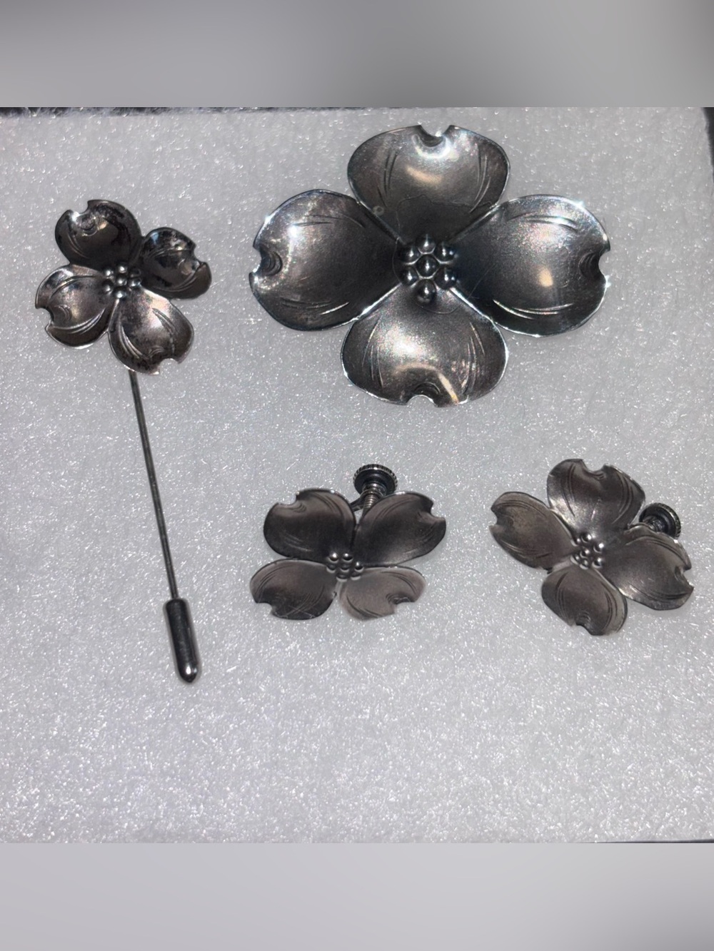 Vintage Stuart Nye Dogwood Set, Brooch, Earrings, Stick Pin, Solid Sterling